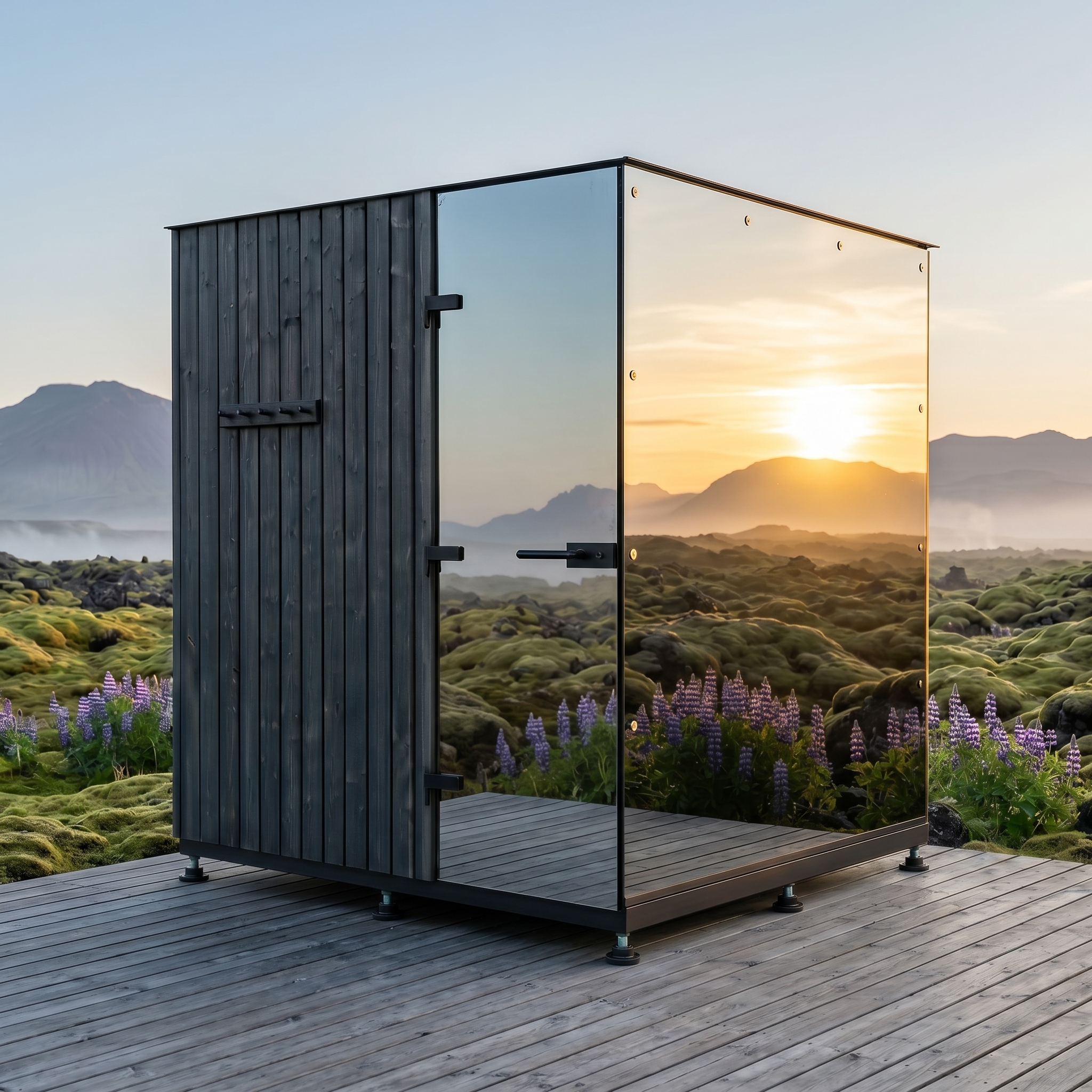 Reflective glazing and dark timber exterior of a VALOUM sauna