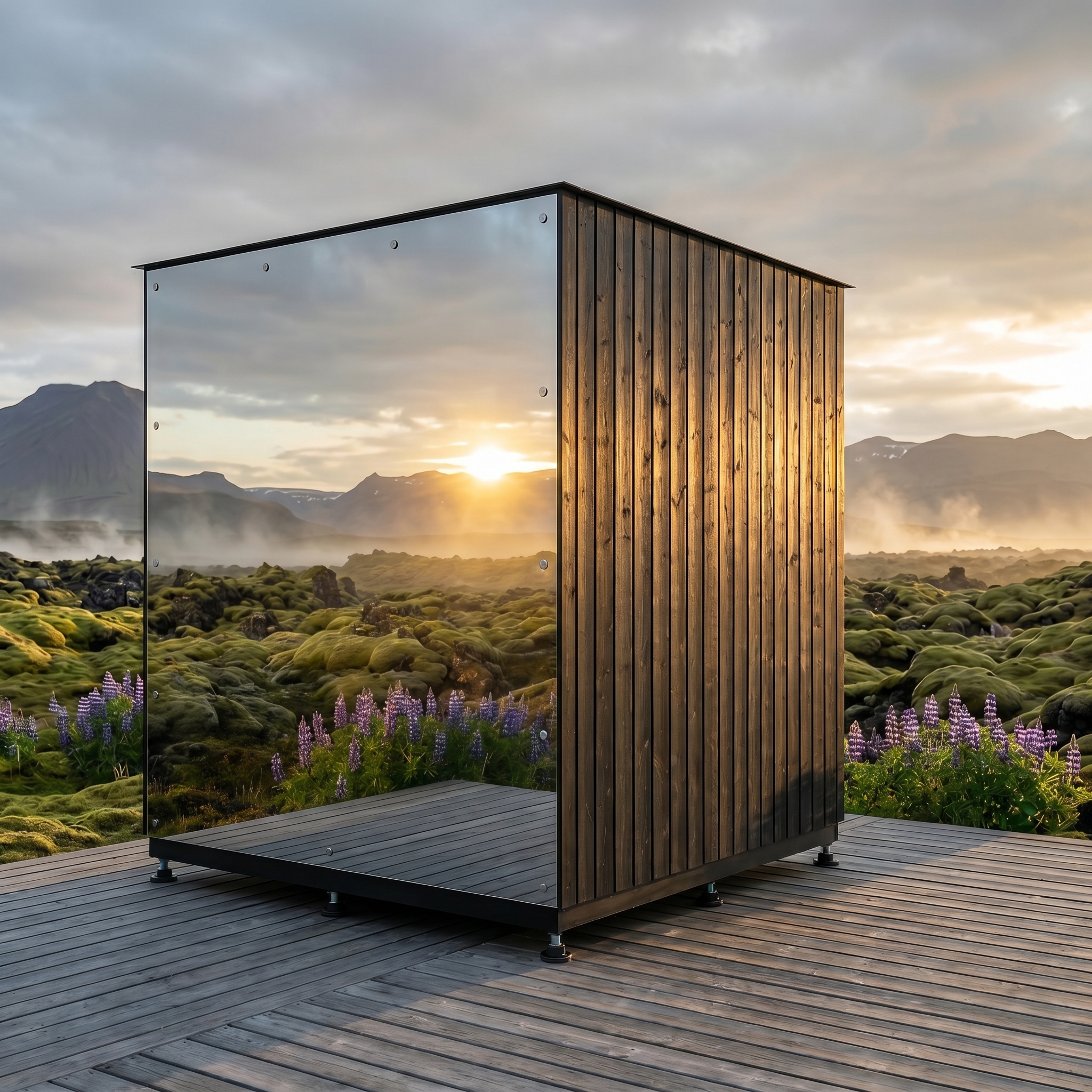 VALOUM sauna exterior detail at sunset
