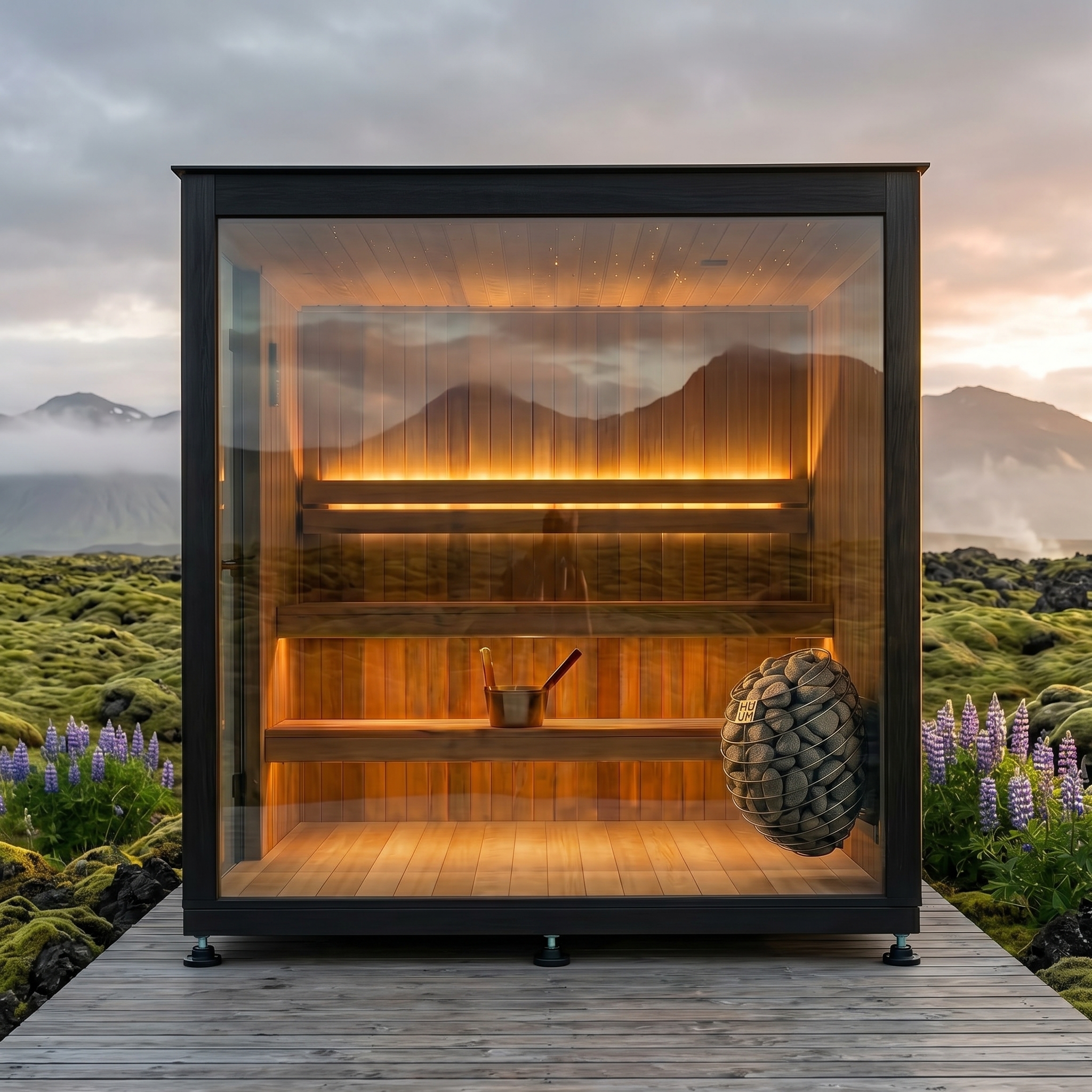 HUUM heater and atmospheric interior lighting inside a VALOUM sauna