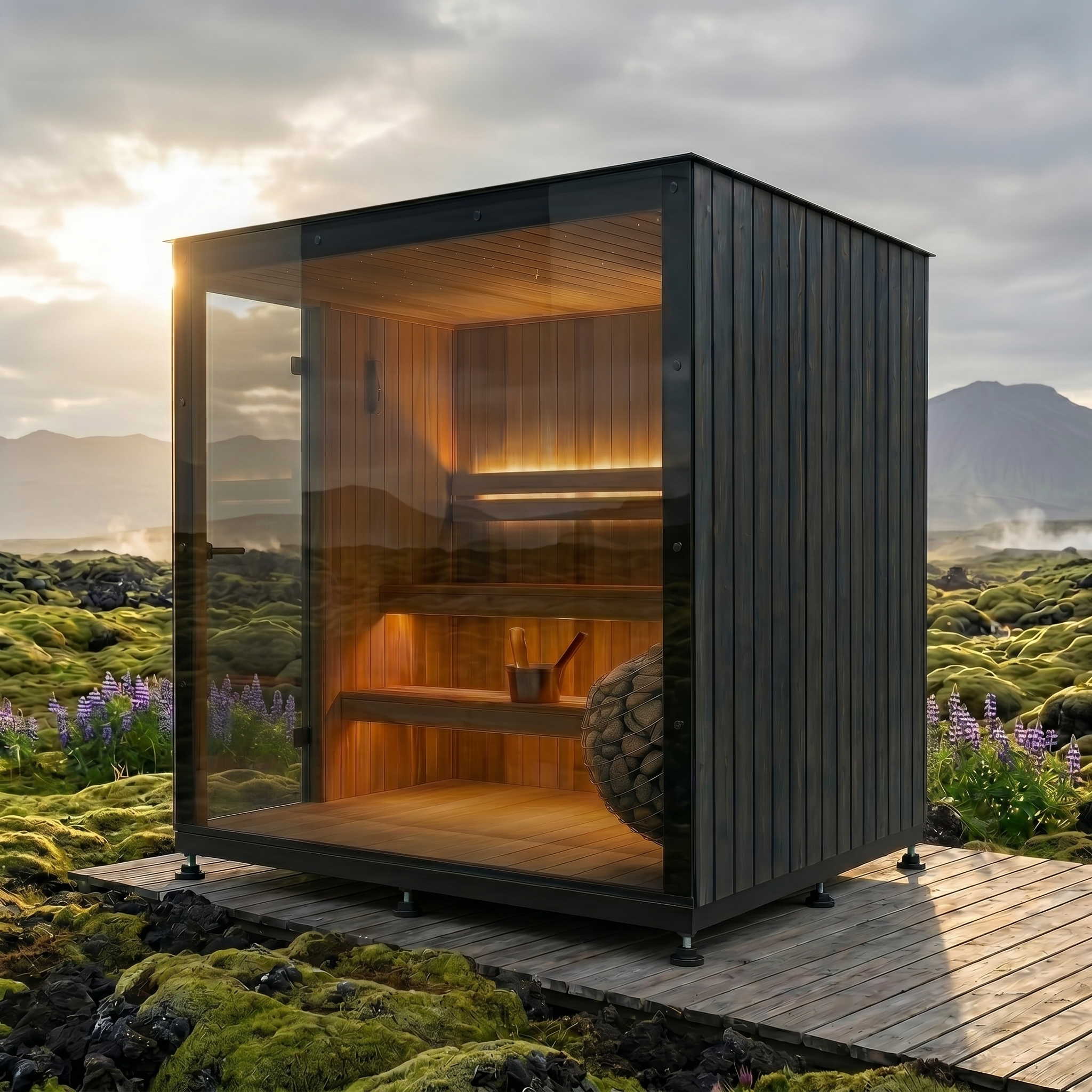 Warm illuminated VALOUM sauna interior seen through panoramic glazing
